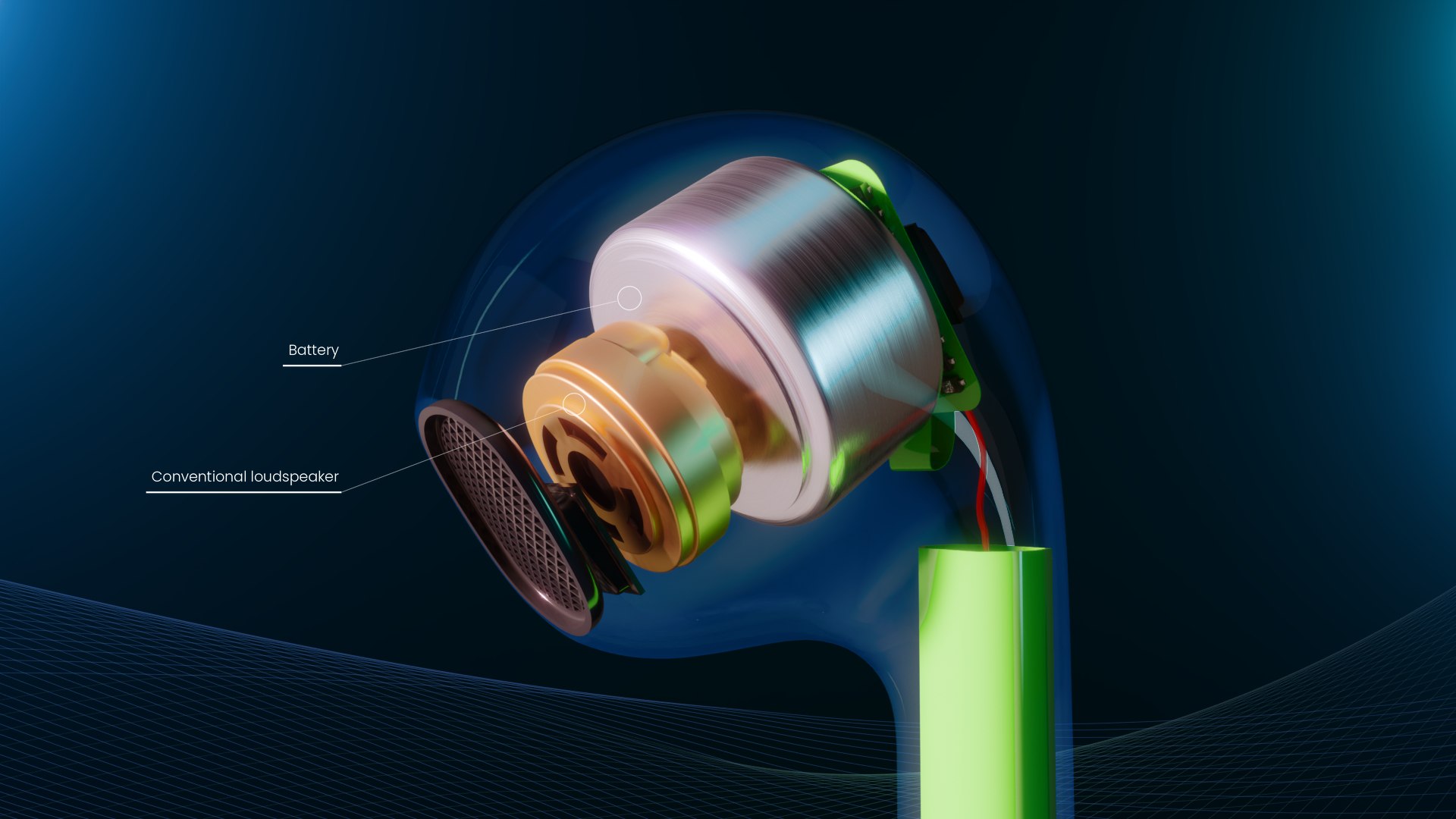 The same earbud with a conventional loudspeaker magnet filling most of the internal volume